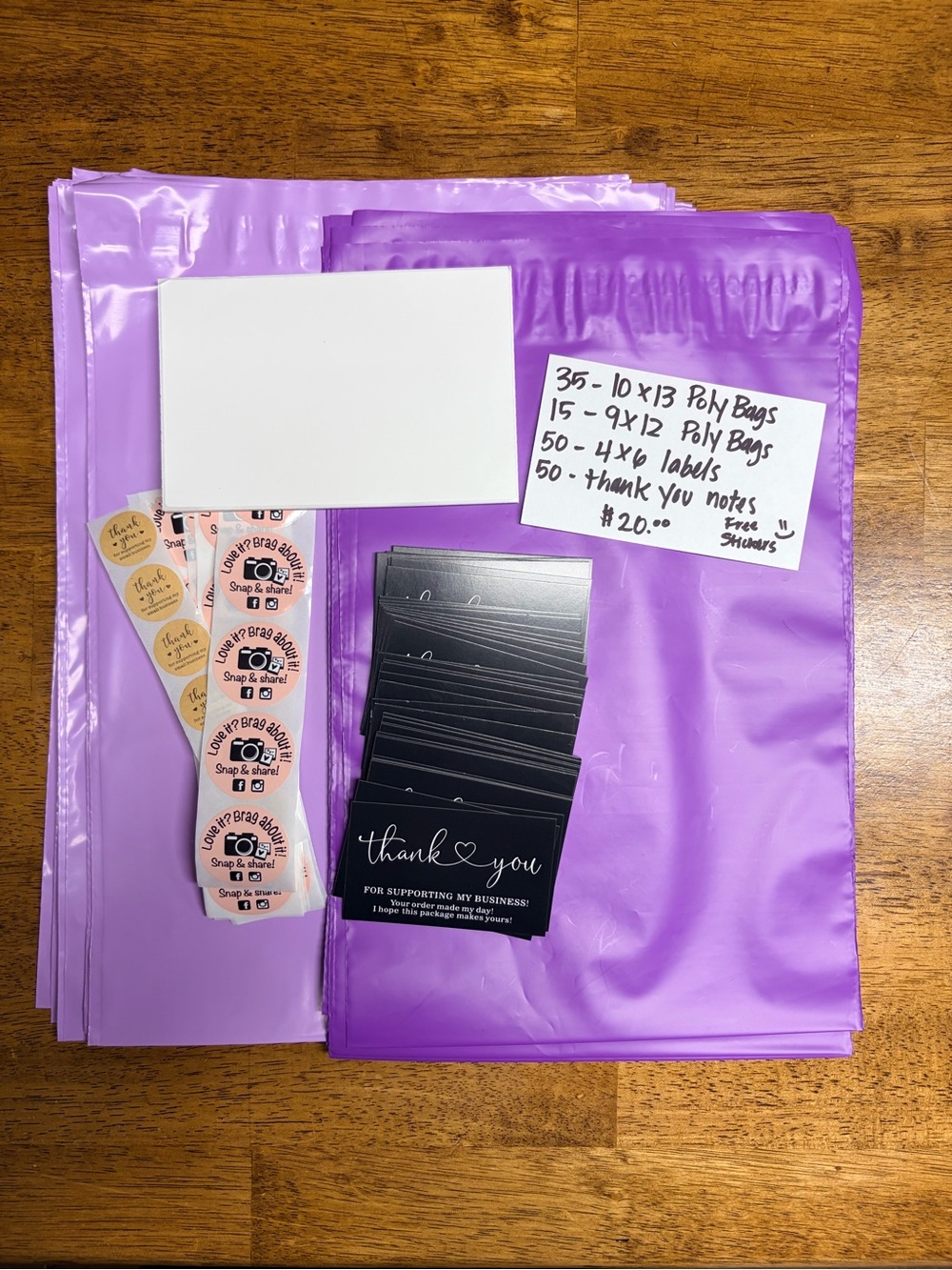 Purple Shipping Poly Mailer Bags with Thank You Cards & Labels - Pack